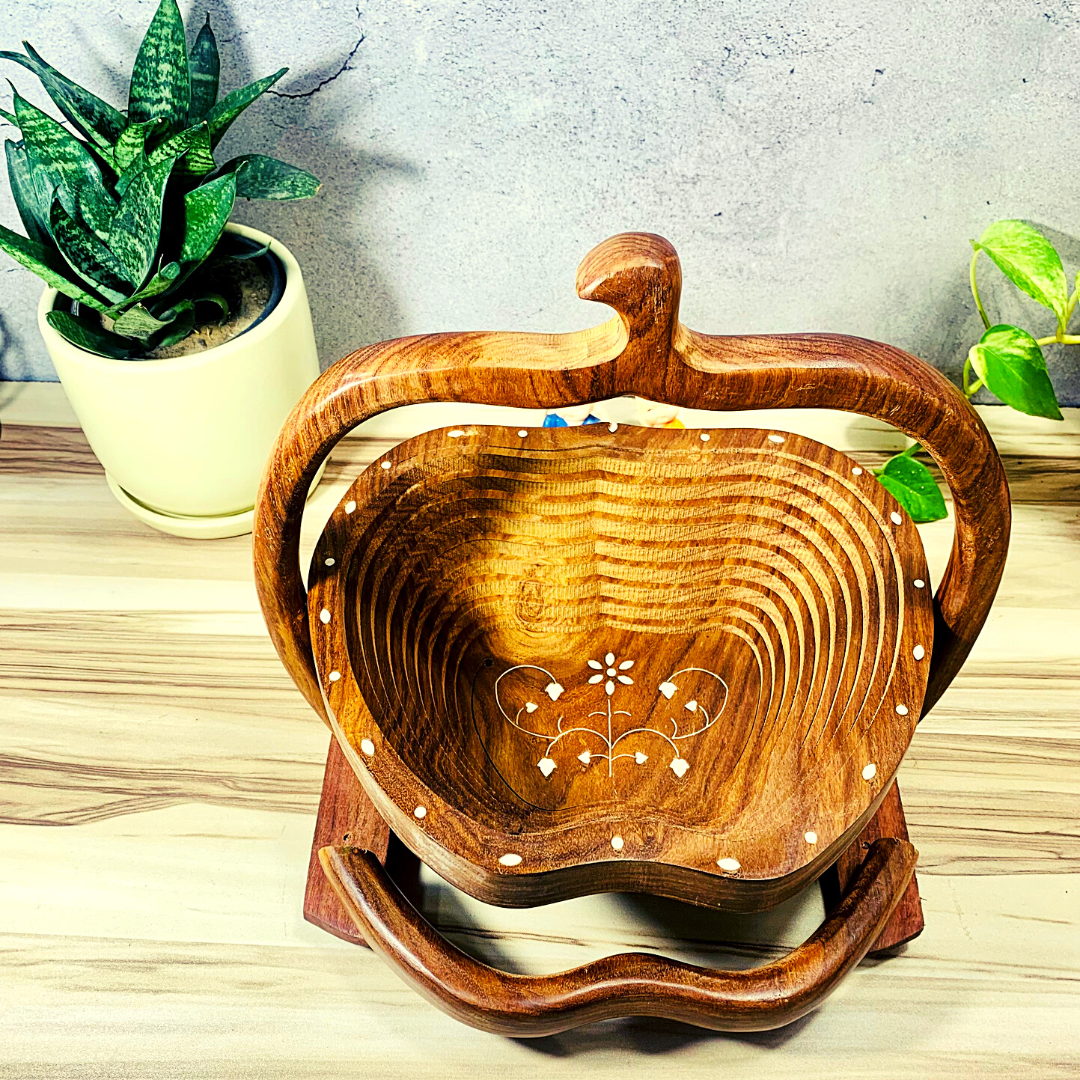 Homefrills Wooden Apple Shape Fruit Foldable Basket with Carry Handle and Stand,Vegetable Basket for Kitchen Décor, Home Décor, Table Top Décor, Best for Gifting Colour- Brown